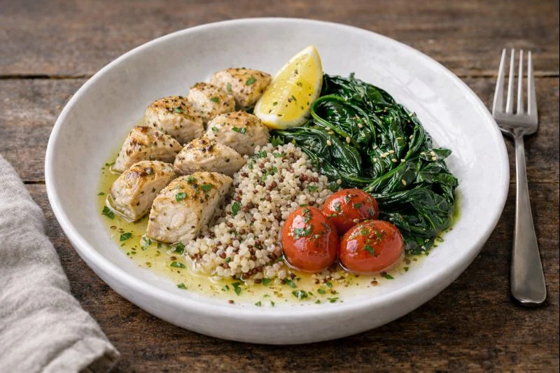 Chicken & Spinach Olive Oil Bowl — Light Lemon Herb Sauce