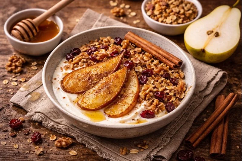 Greek yogurt roasted pear bowl with cinnamon, walnuts and honey, warm Mediterranean breakfast.