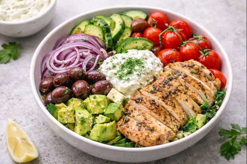 Mediterranean Chicken & Avocado Lunch Bowl — Low-Carb, Fresh & Filling