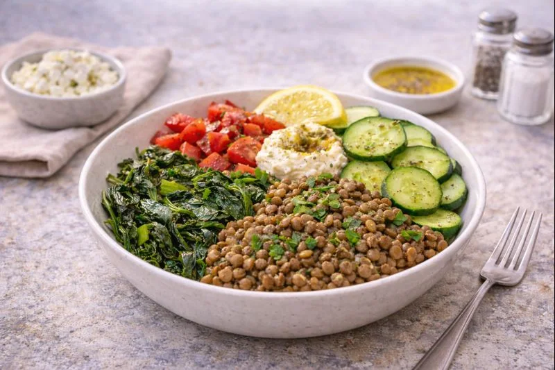 Mediterranean Lentil & Greens Lunch Bowl — Plant-Based, High-Protein & Filling
