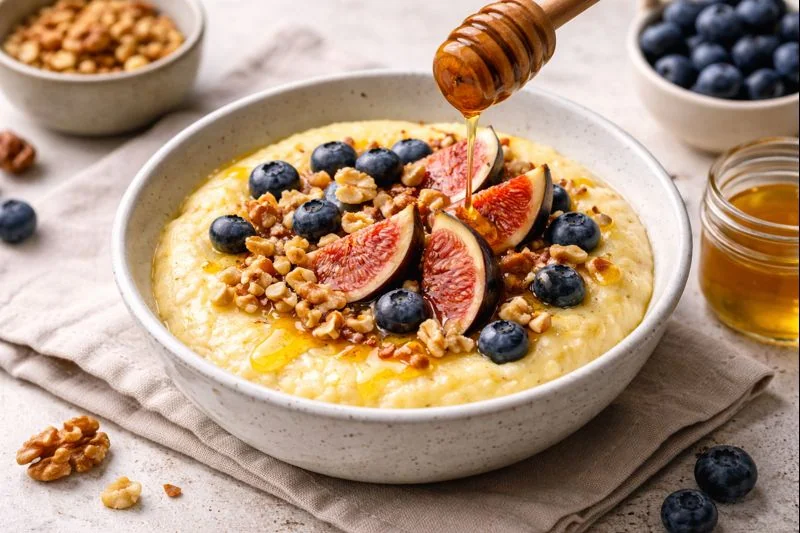 Soft Polenta Breakfast Bowl with Honey & Nuts
