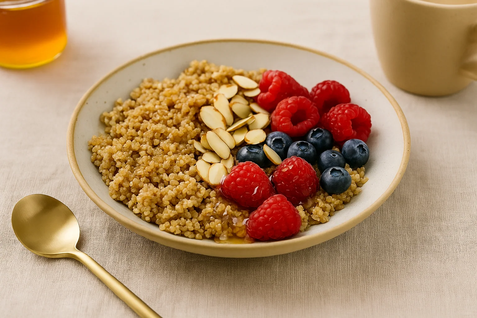 Warm Quinoa Breakfast Bowl — Berries, Almonds & Honey
