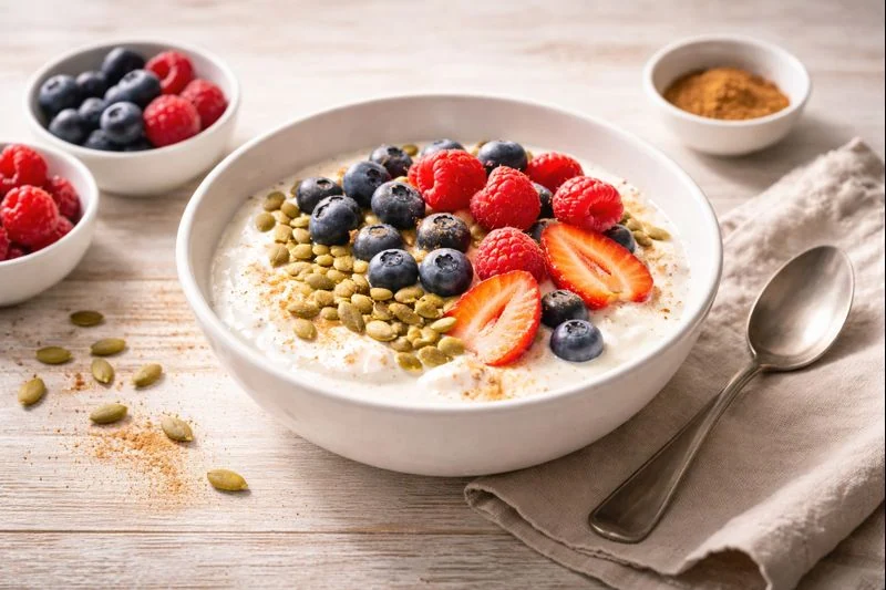 Banana-Free Berry Protein Bowl — Low-Sugar Mediterranean Breakfast