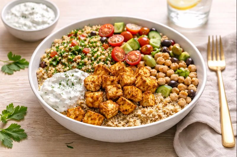 High-Protein Vegetarian Mediterranean Lunch Bowl