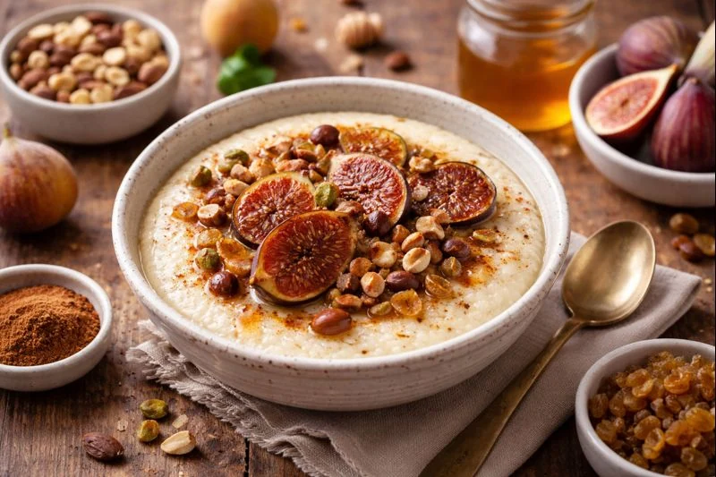 Warm Mediterranean Breakfast Bowl with Semolina & Nuts