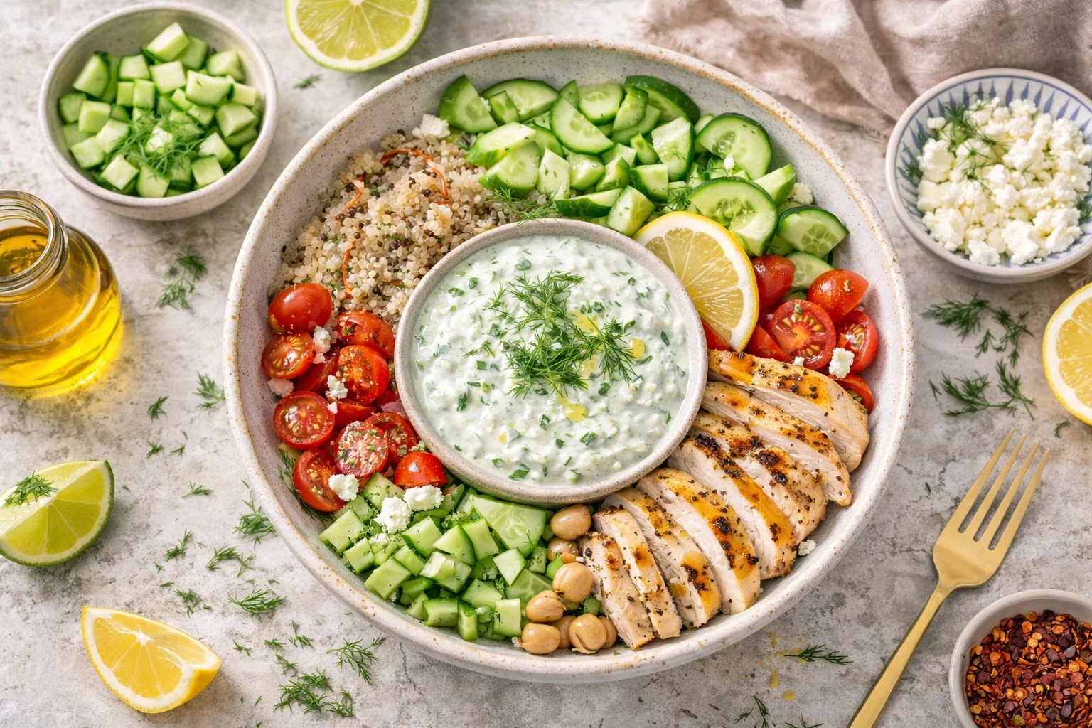 Mediterranean Cooling Lunch Bowl with Kefir & Cucumber (Heat-Day)