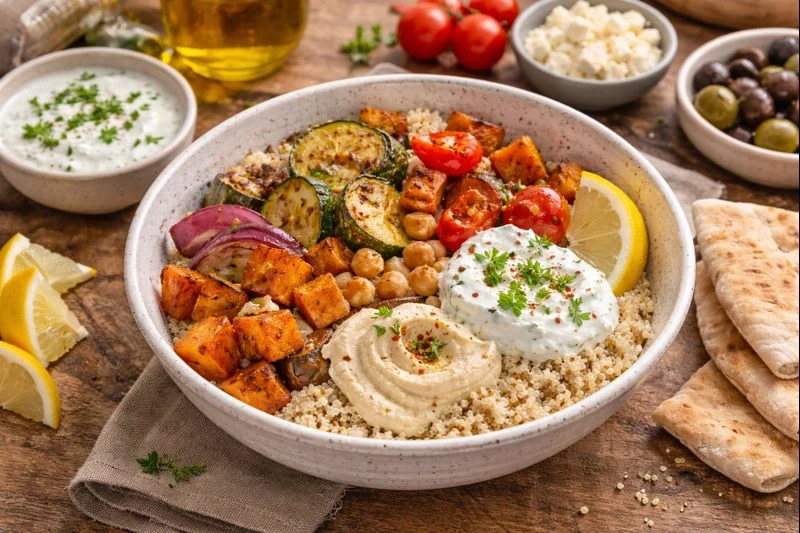 Mediterranean Lunch Bowl with Roasted Veggies
