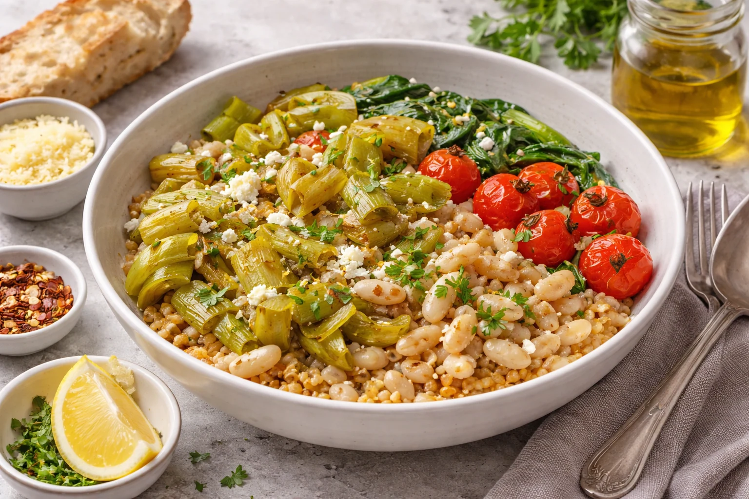 Mediterranean Warm Dinner Bowl with Leeks & White Beans