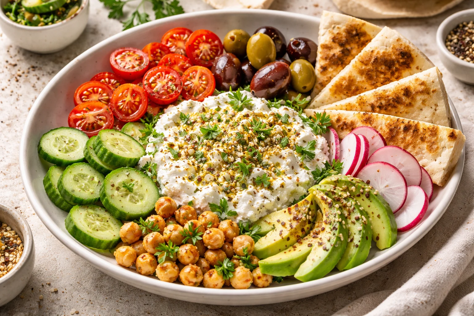 Mediterranean Cottage Cheese Breakfast Bowl with Radishes & Herbs