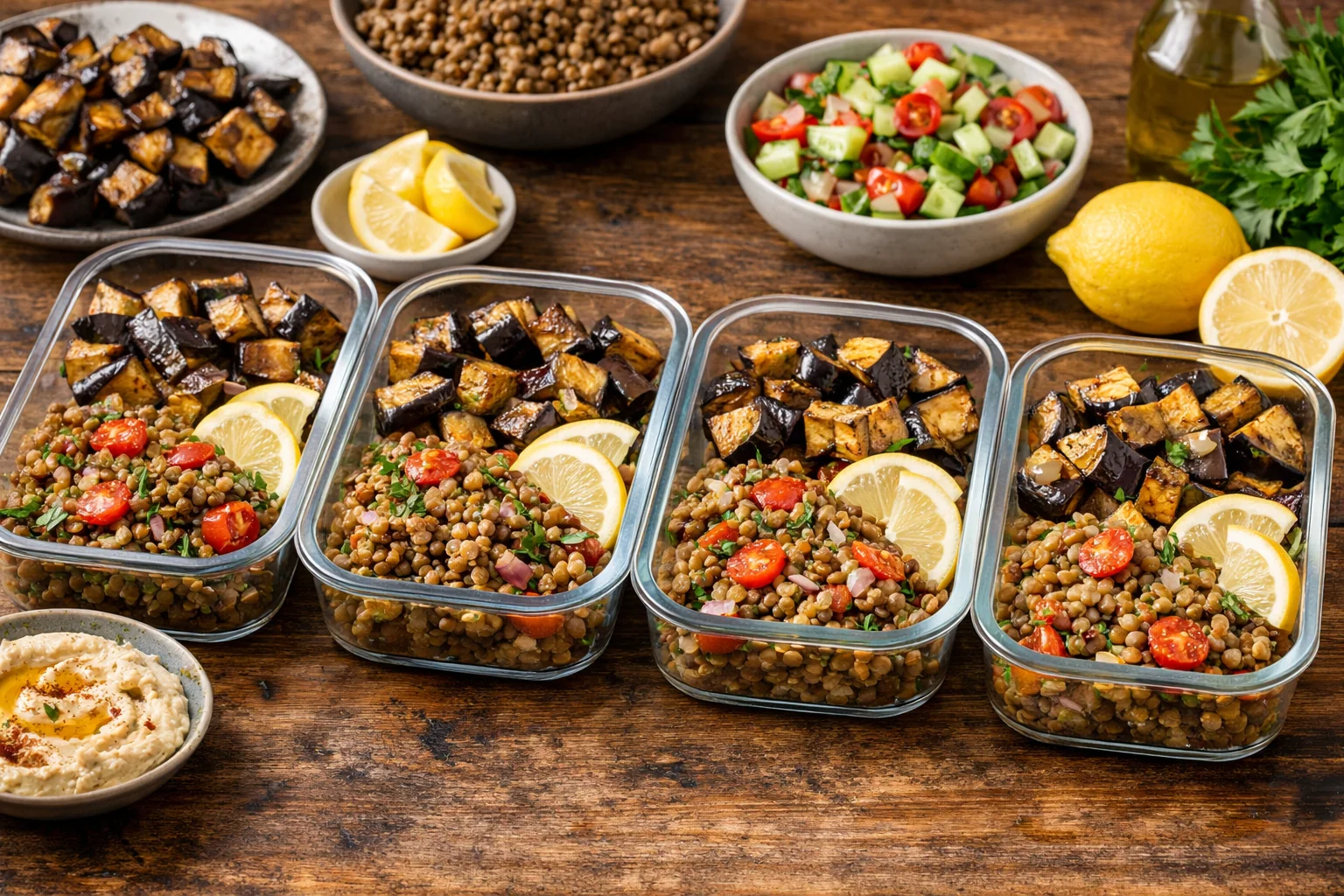 Mediterranean Meal Prep with Eggplant and Lentils (5 Workday Dinners)