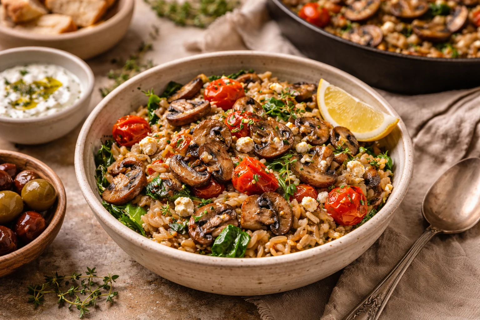 Mediterranean One-Skillet Dinner Bowl with Mushrooms & Thyme