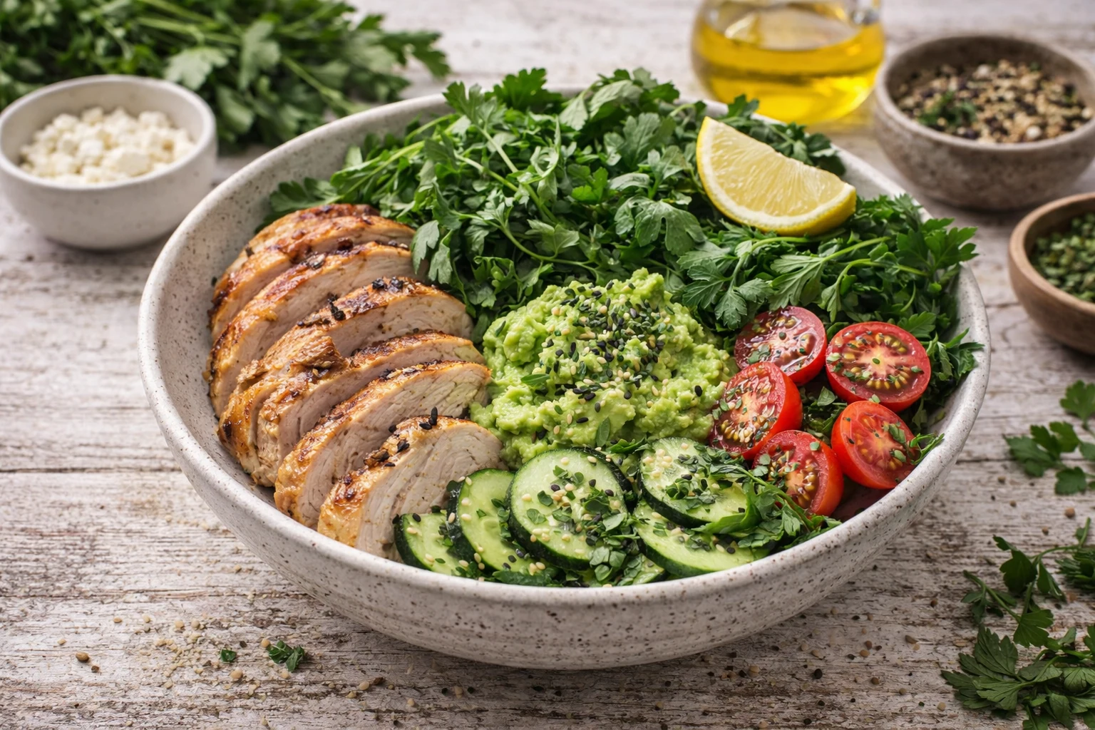 Mediterranean No-Grain Lunch Bowl with Avocado & Herbs