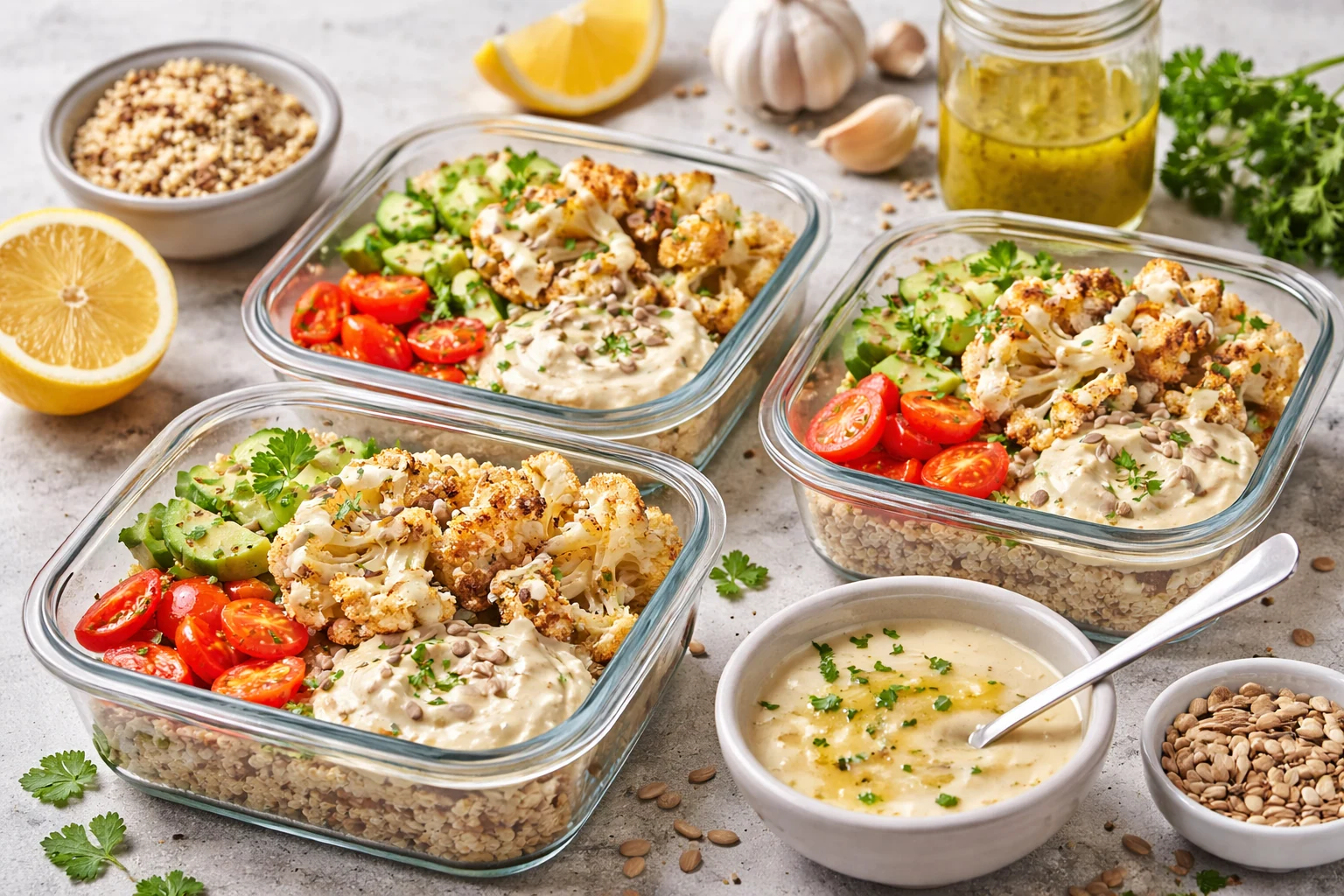 Mediterranean Meal Prep with Roasted Cauliflower, Tahini-Free (Nutty Without Nuts)