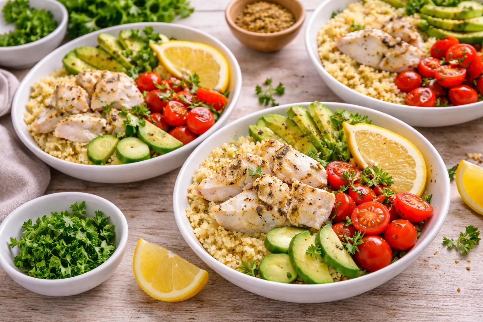 Mediterranean Simple Dinner Bowl with Cod & Lemon (No Sauce)