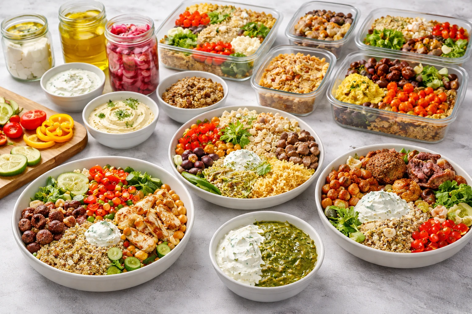 Mediterranean bowl system with grains vegetables sauces and meal prep containers