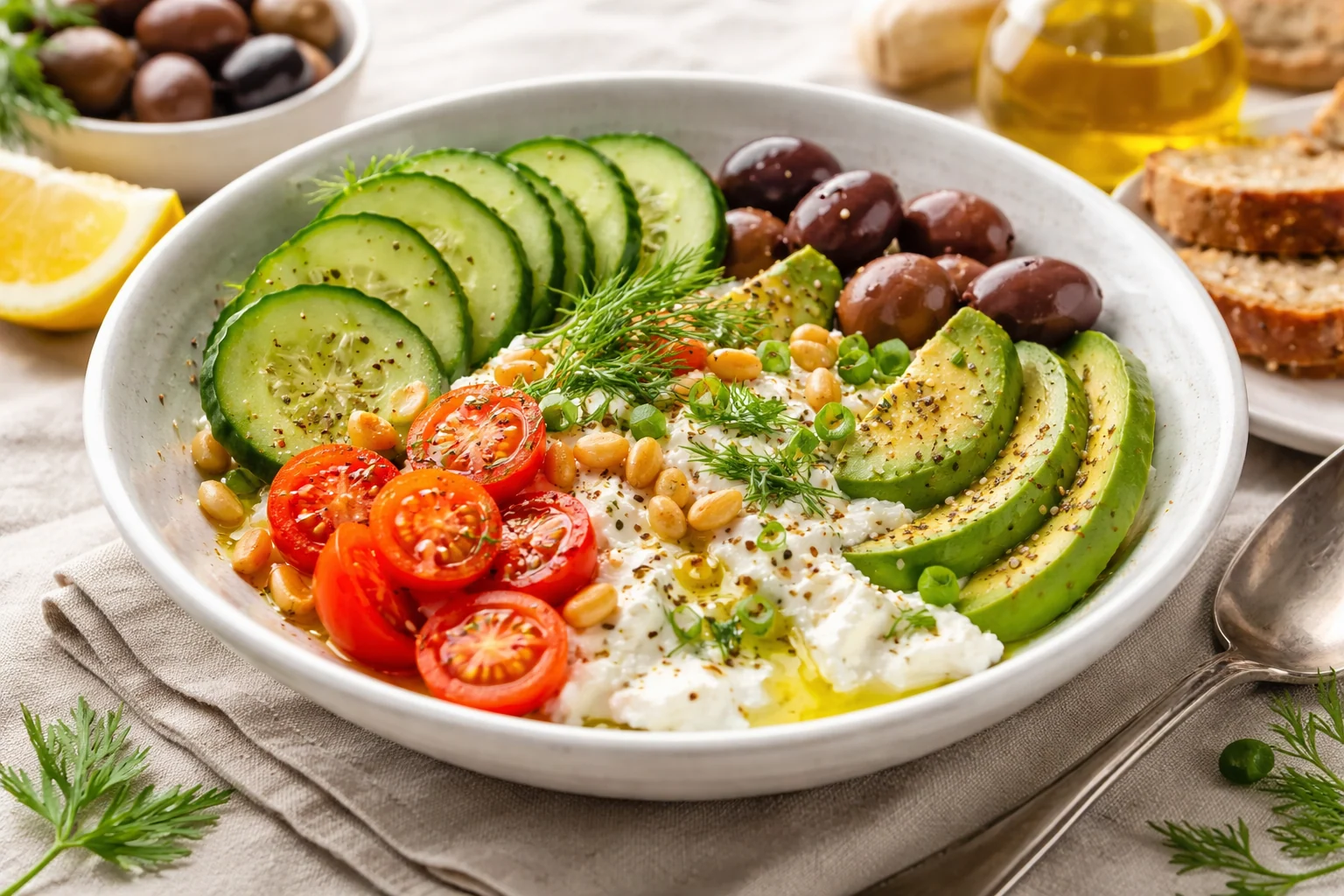 Mediterranean Breakfast Bowl with Cottage Cheese, Cucumbers and Dill (Savory, High Protein)