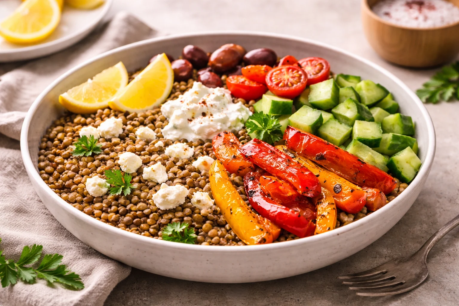 Mediterranean Lentil Dinner Bowl with Roasted Peppers and Feta