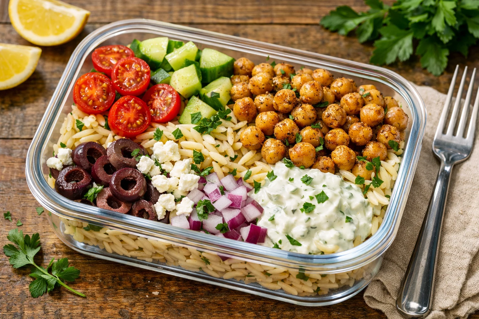Mediterranean Orzo Bowl with Chickpeas and Herbs (Light, Packed Lunch)