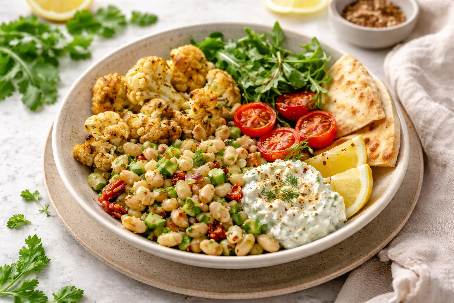 Mediterranean Dinner Bowl with White Beans and Roasted Cauliflower (Warm, Budget-Friendly)