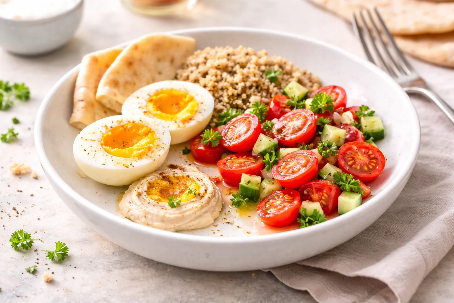 Mediterranean Breakfast Bowl with Soft-Boiled Eggs and Tomatoes (Savory, Fast)