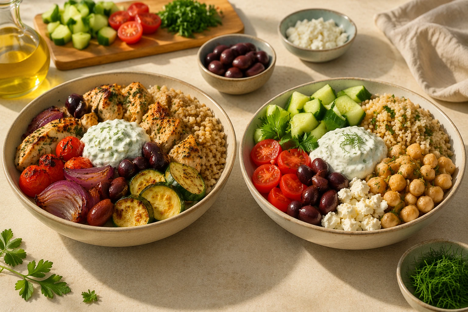 How to Build Warm and Cold Mediterranean Bowls from the Same Core Ingredients