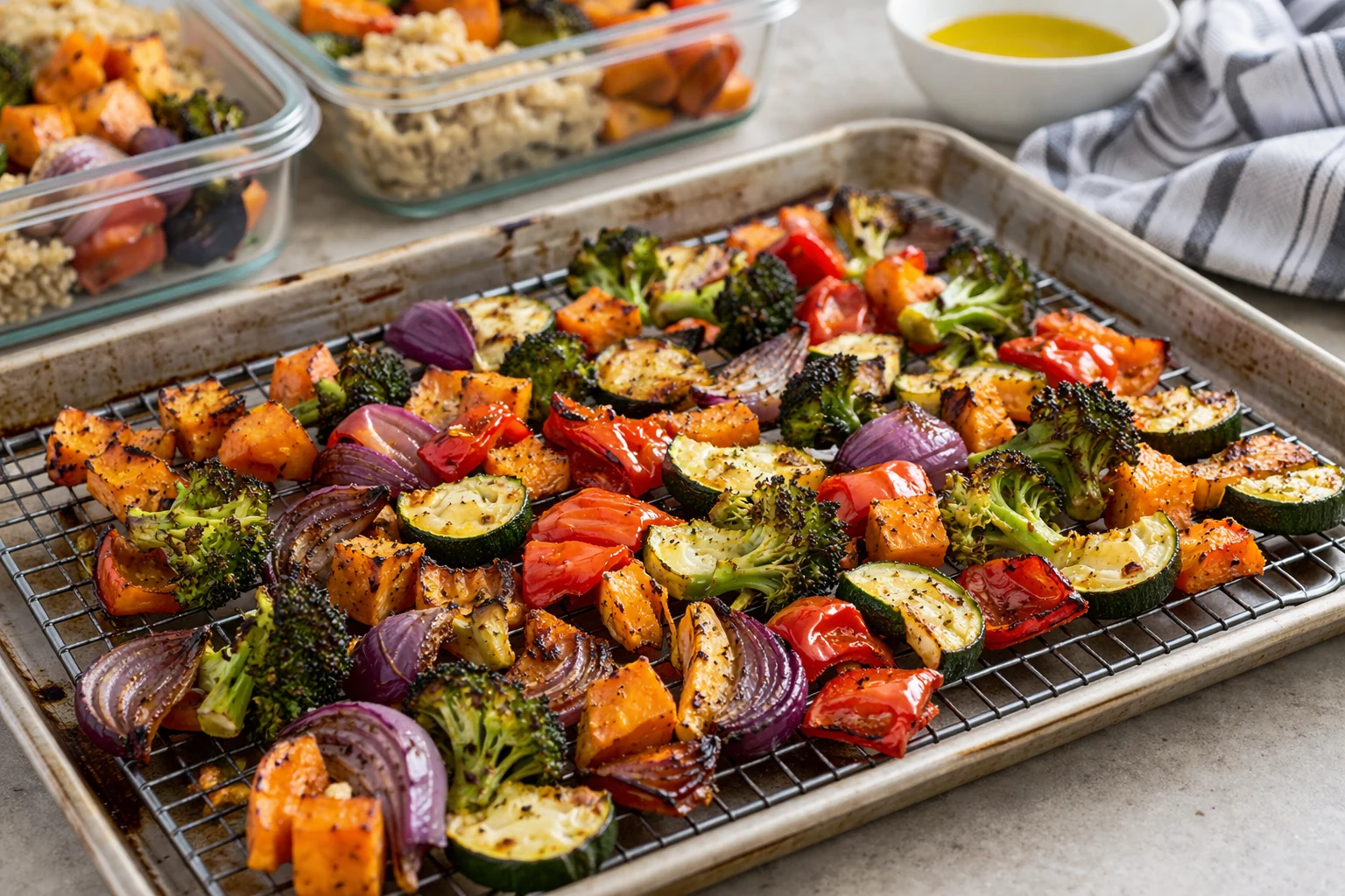 roasted vegetables on a tray with meal prep containers in the background