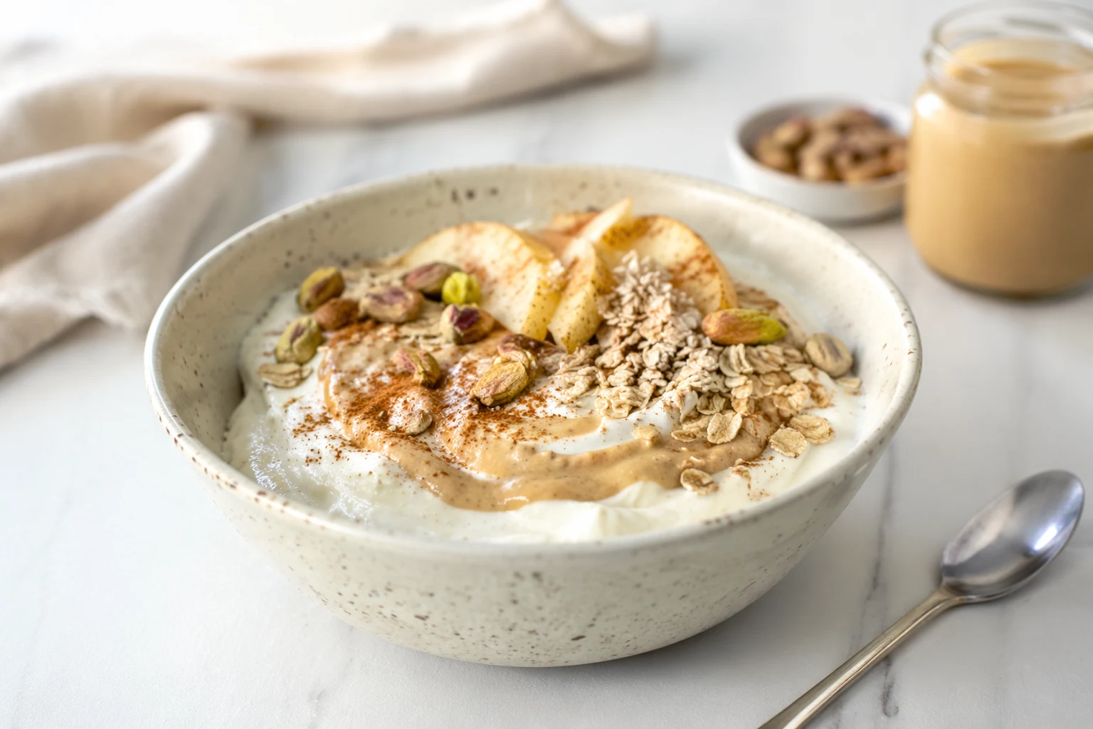 Mediterranean Breakfast Bowls with Yogurt, Oats and Tahini (Not Too Sweet)