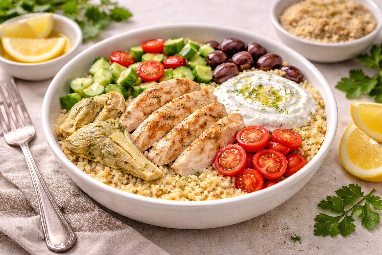 Mediterranean Dinner Bowl with Chicken, Artichokes and Lemon Yogurt