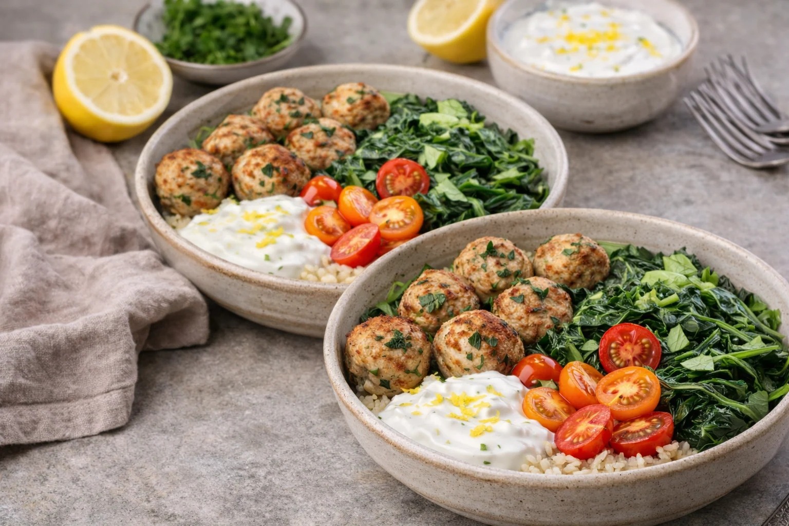 Mediterranean Dinner Bowls with Turkey Meatballs, Wilted Greens and Lemon Yogurt