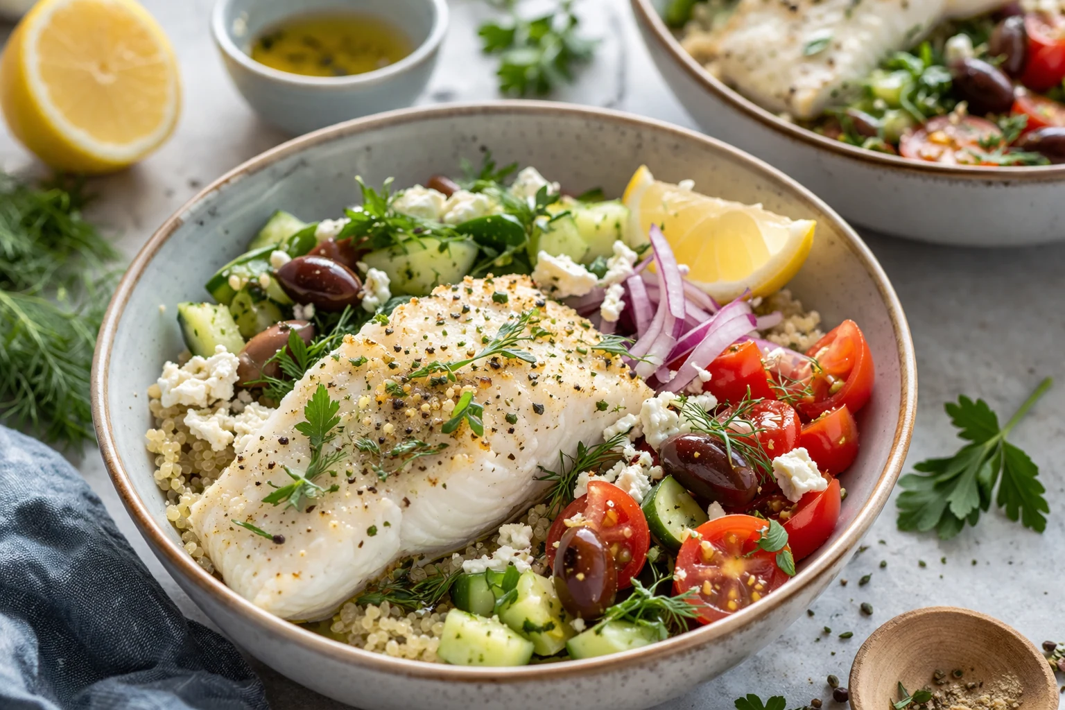 Mediterranean Dinner Bowls with White Fish and Soft Herbs