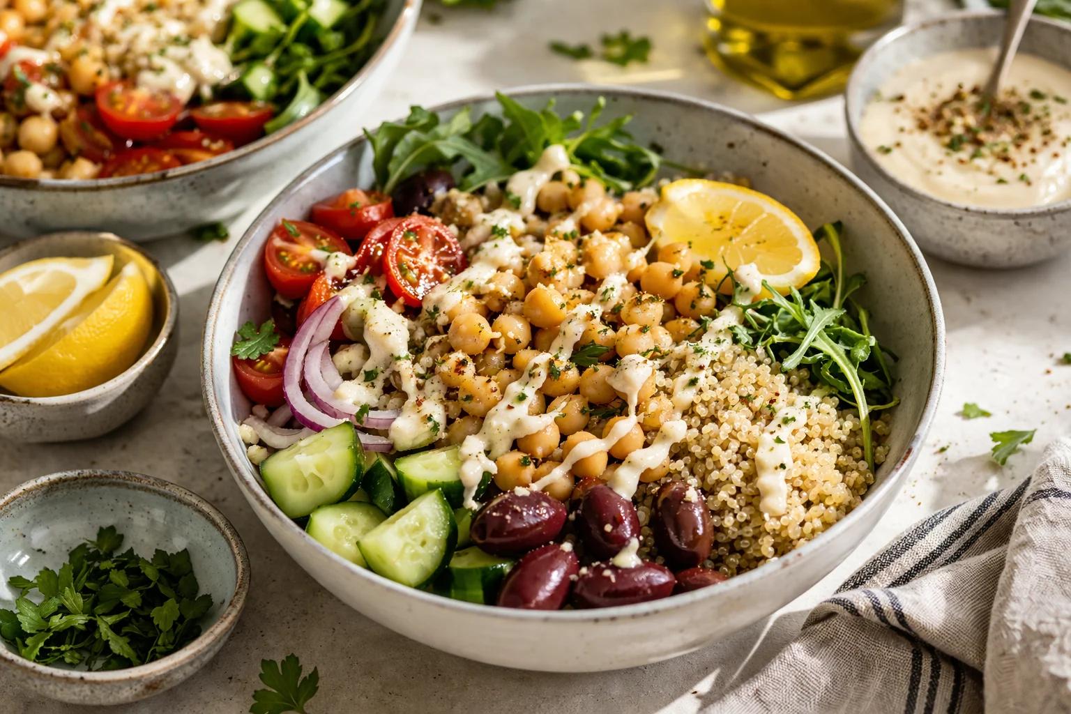 Mediterranean Lunch Bowls with Chickpeas and Lemon Tahini