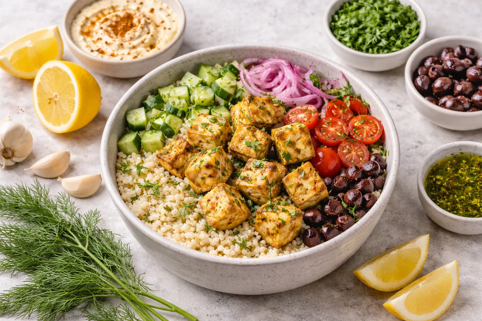 Mediterranean Lunch Bowls with Lemony Tofu, Cucumber and Herbs