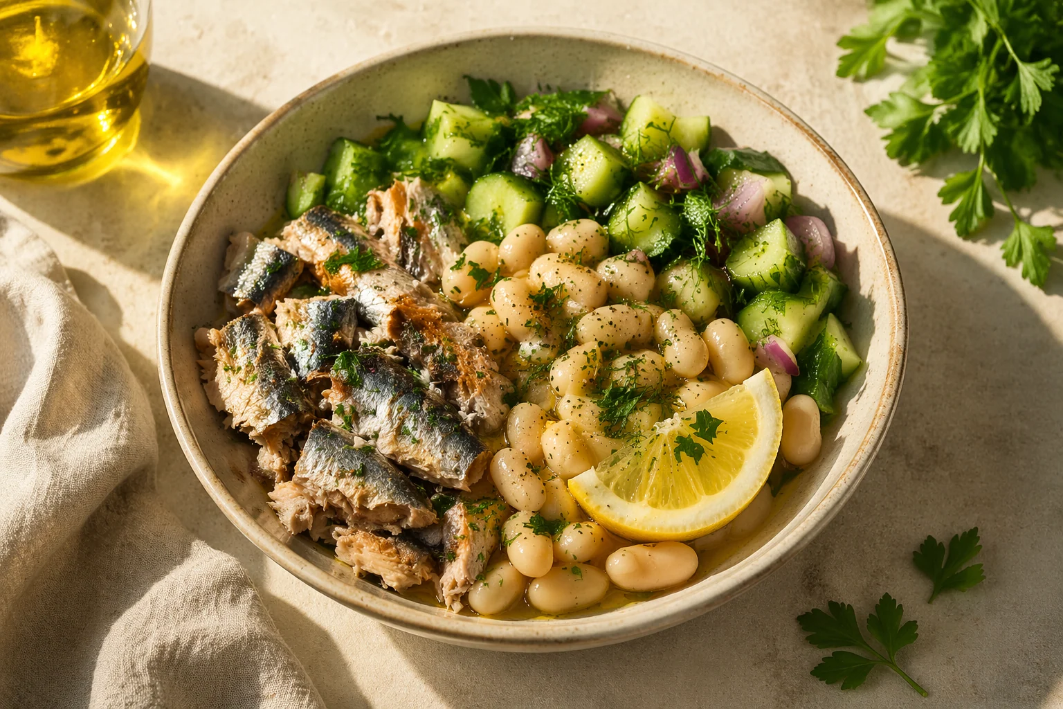 Mediterranean Lunch Bowls with Sardines, White Beans and Lemon Herbs