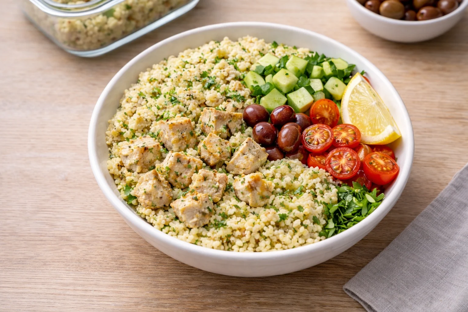 Mediterranean Lunch Bowls with Couscous, Chicken and Parsley