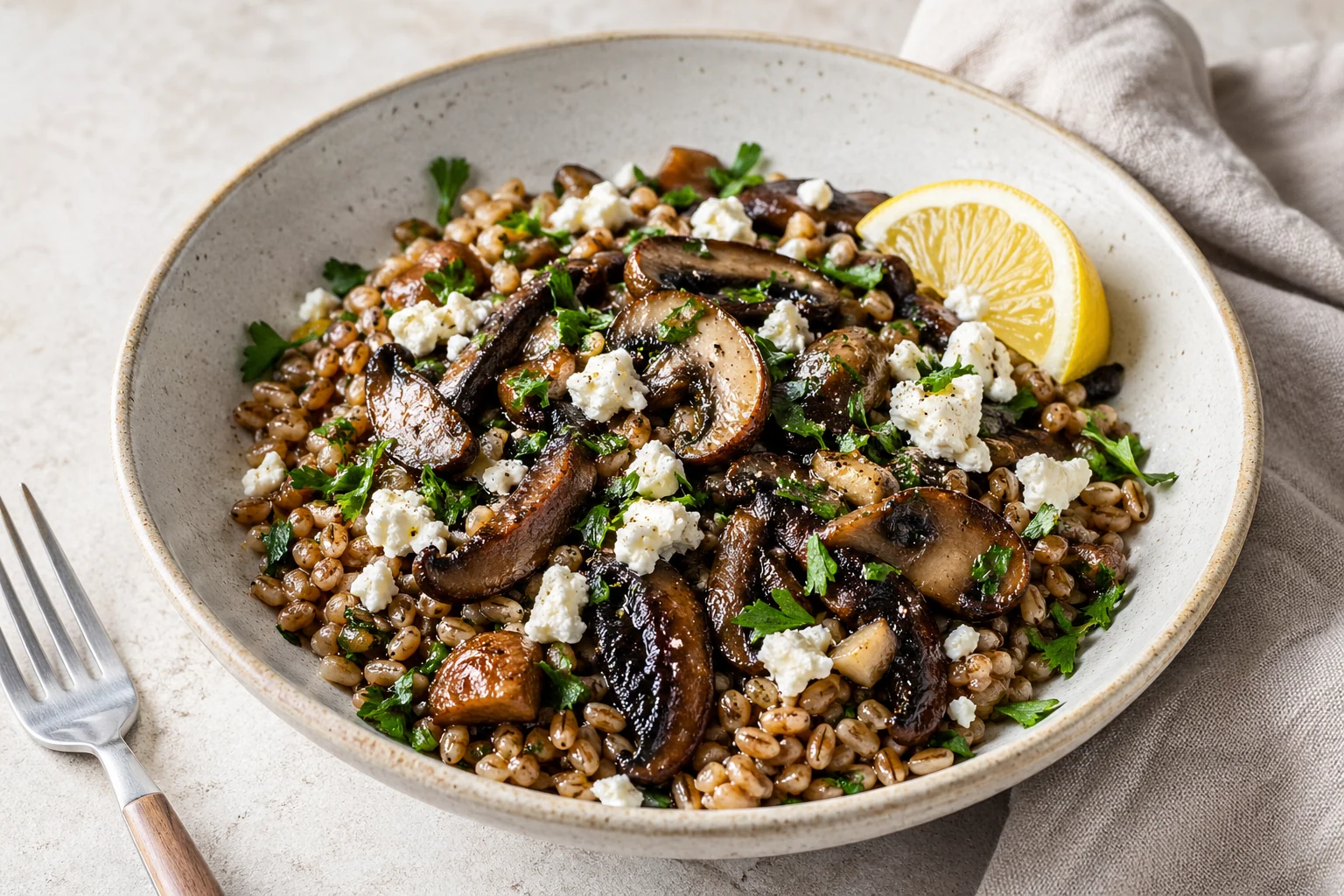 Warm Mediterranean Farro Bowl with Roasted Mushrooms and Feta