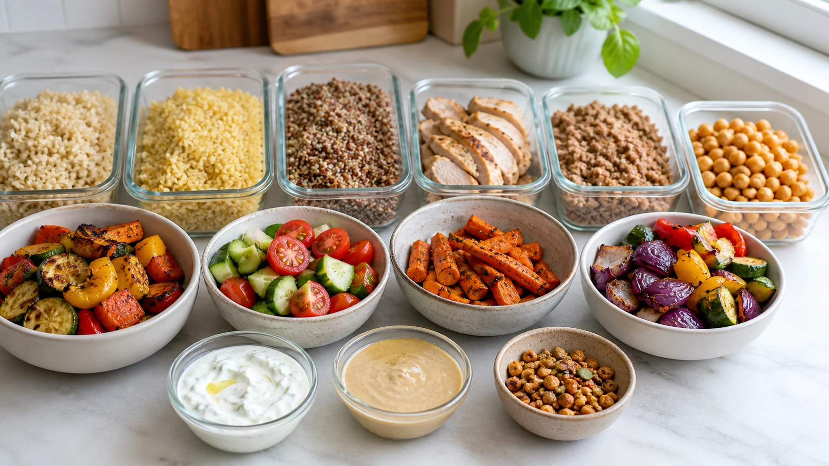 Meal Prep Bowl Components Storage Chart: Grains, Protein, Vegetables and Sauces