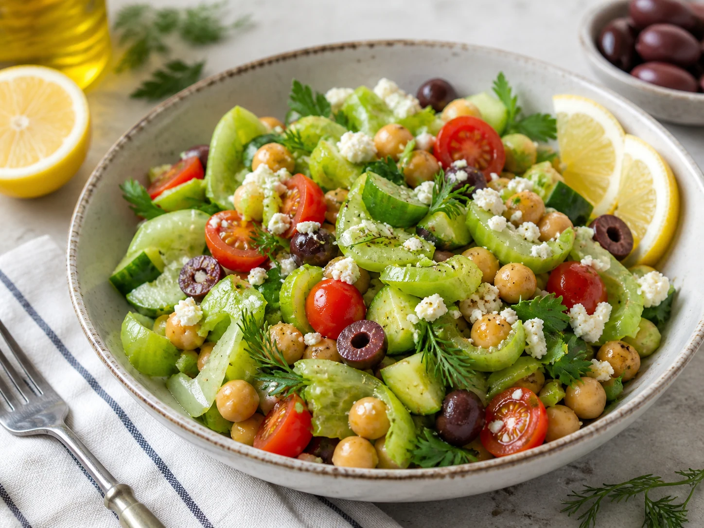 Mediterranean Celery Chickpea Lunch Bowl with Lemon and Olives