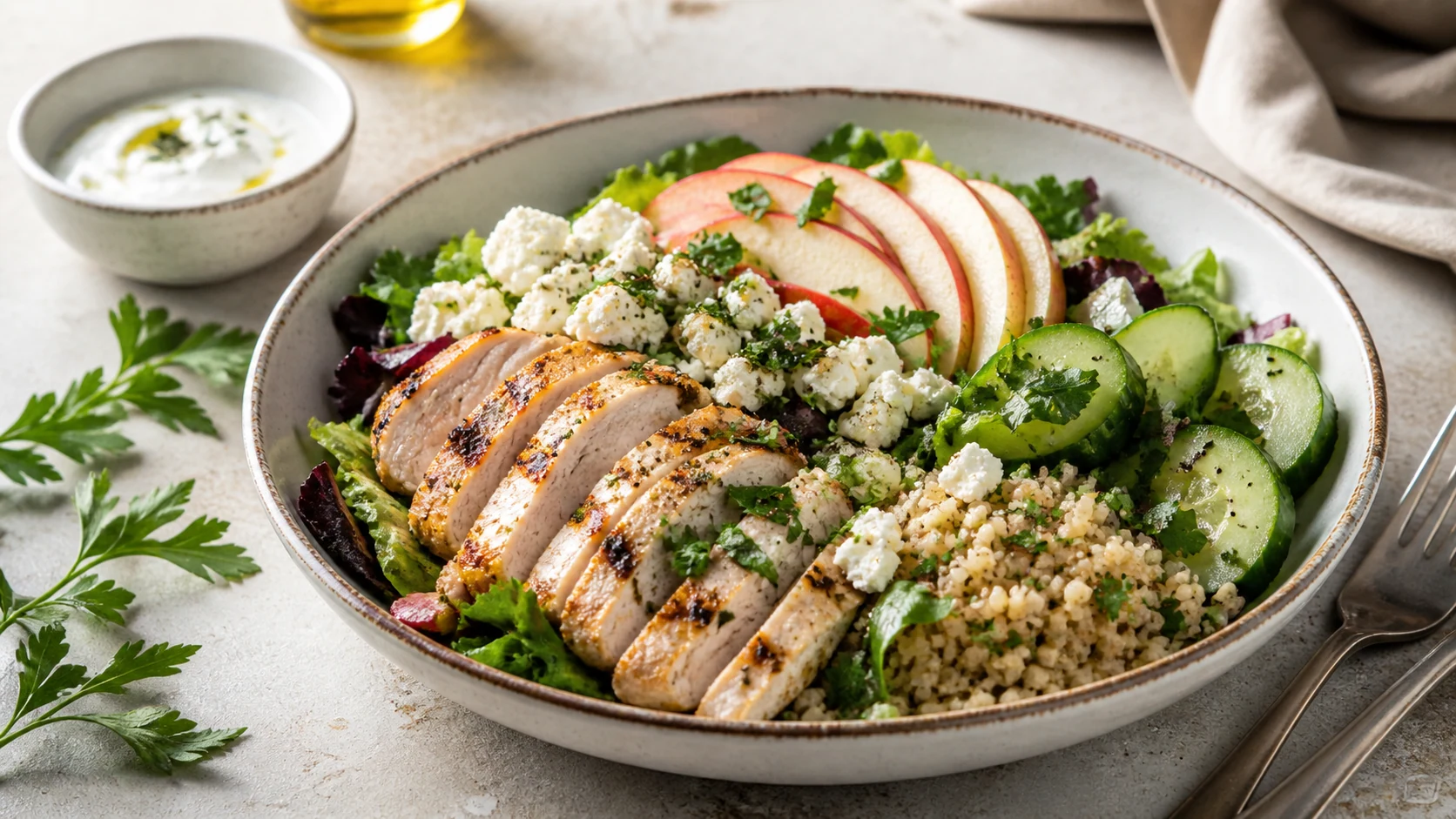 Mediterranean Chicken Apple Lunch Bowl with Cucumber and Feta