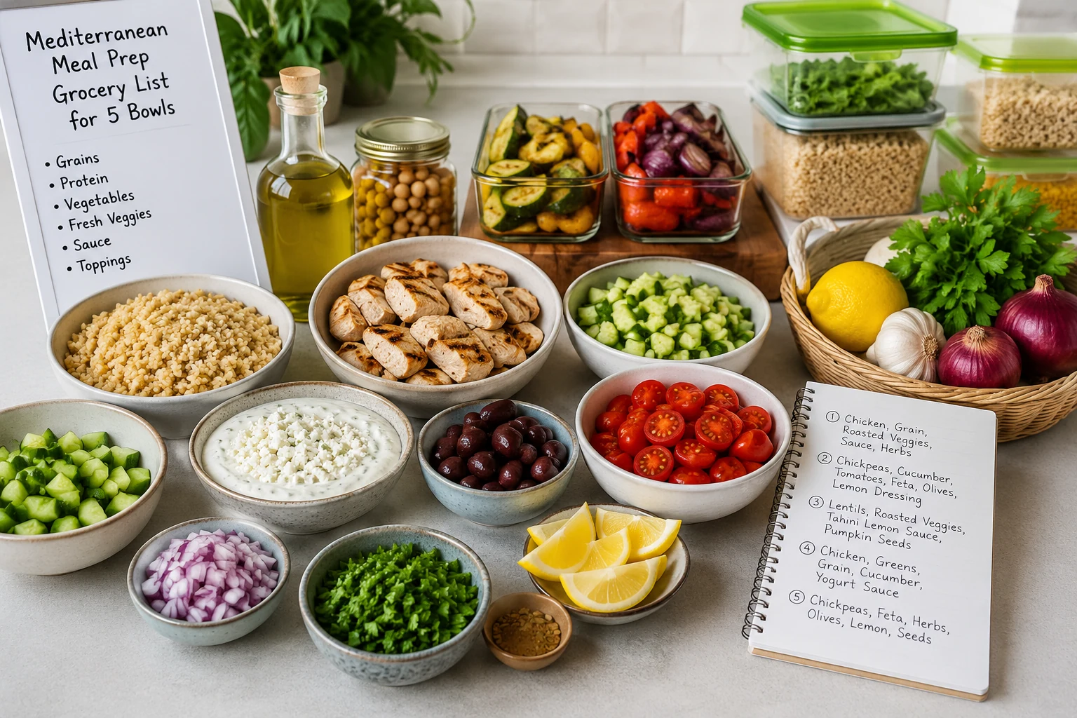 Mediterranean Meal Prep Grocery List for 5 Bowls: What to Buy, Prep and Keep Separate