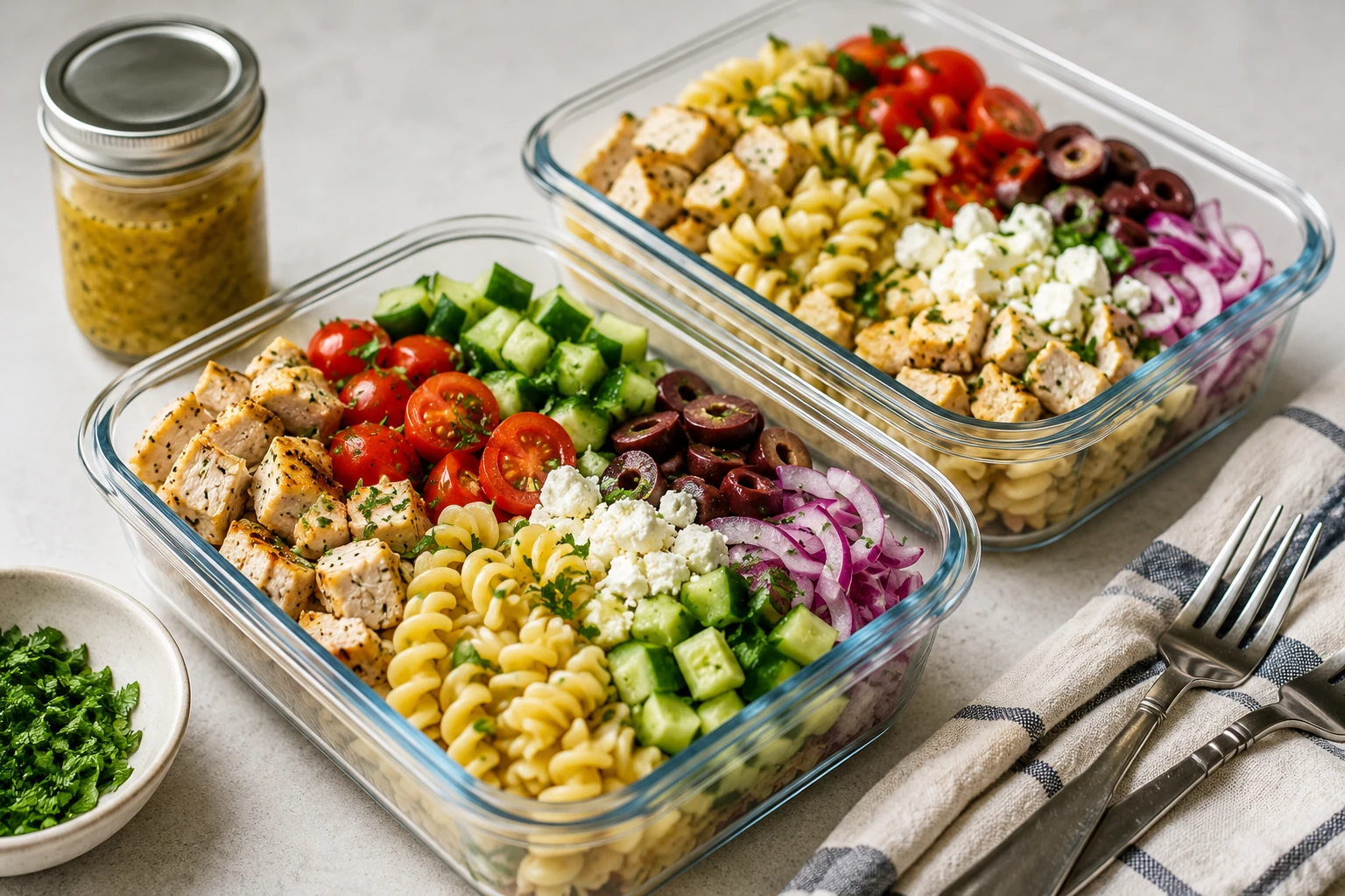 Greek Chicken Pasta Salad Meal Prep Bowls That Stay Fresh at Work