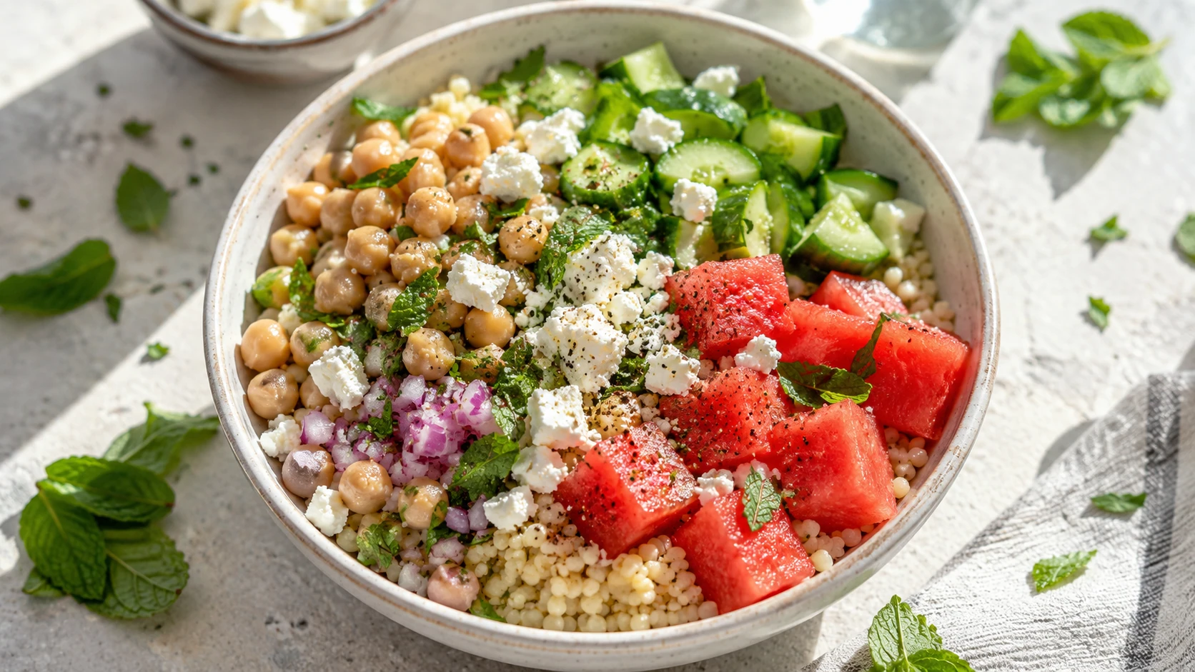Summer Watermelon Couscous Bowl with Cucumber, Feta and Chickpeas