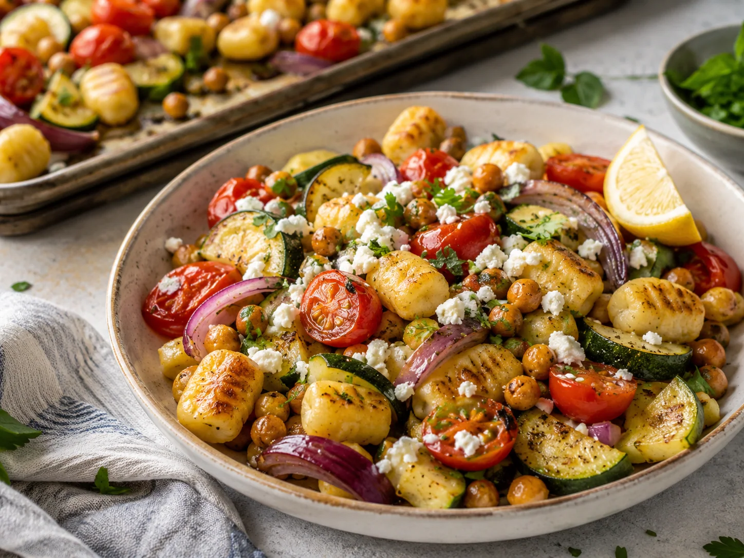 Sheet Pan Gnocchi Bowl with Chickpeas, Zucchini and Tomatoes